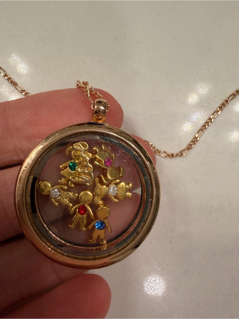 Gold-Tone Family Charm Locket Necklace with Multicolor Stones